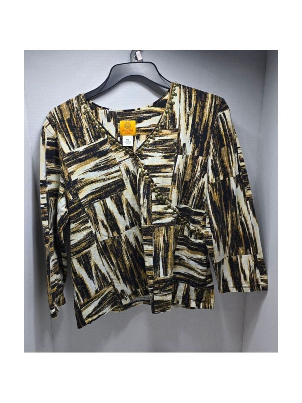 Women's Ruby Rd. Petite Long Sleeve Tee PXL Black Gold Abstract